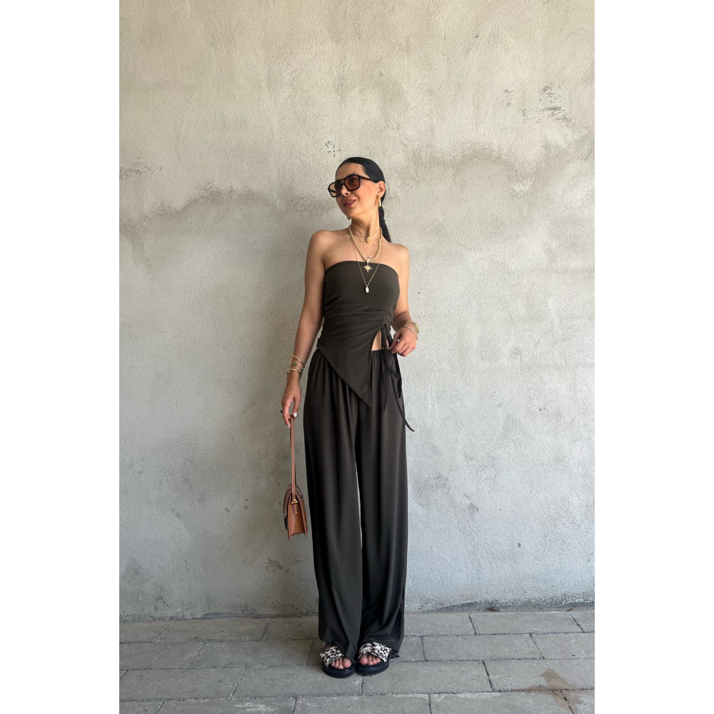 Haki Büzgü Detaylı Bluz ve Salaş Pantolon Takım