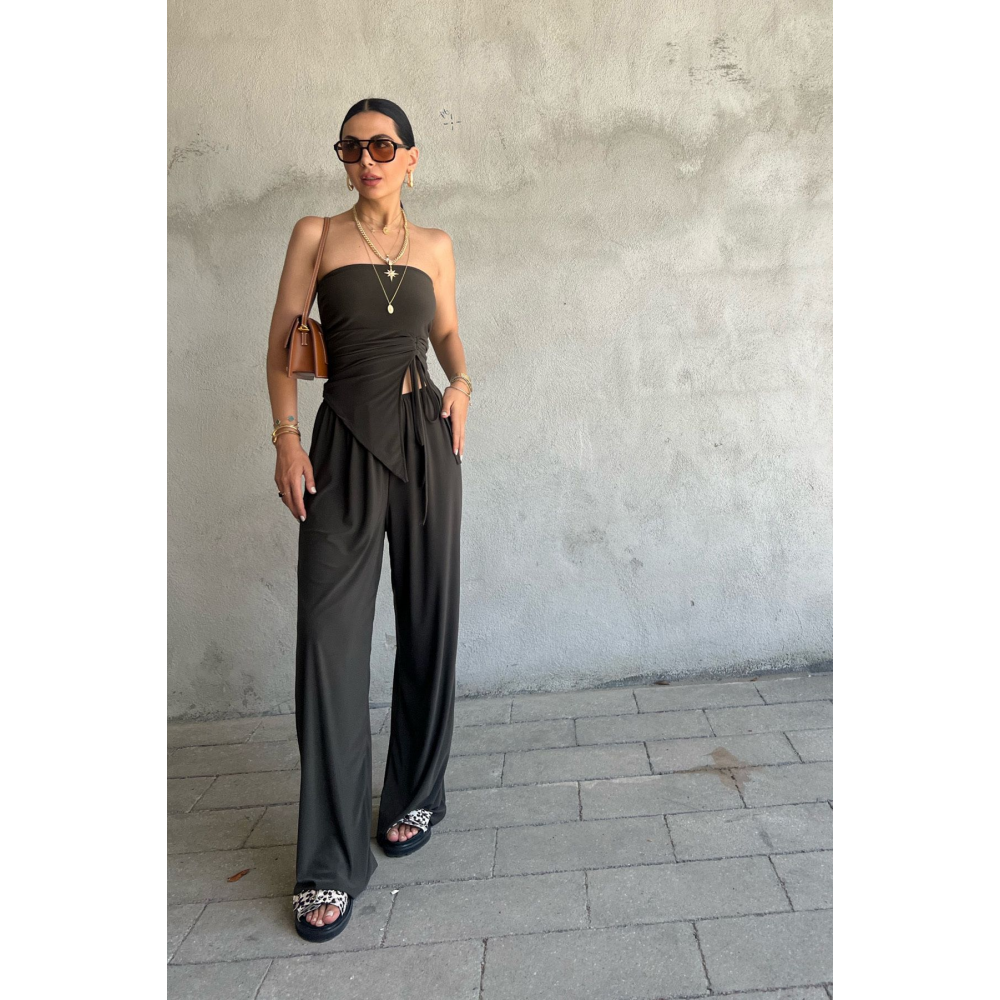 Haki Büzgü Detaylı Bluz ve Salaş Pantolon Takım