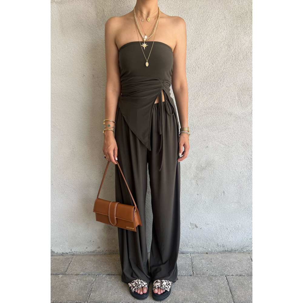 Haki Büzgü Detaylı Bluz ve Salaş Pantolon Takım