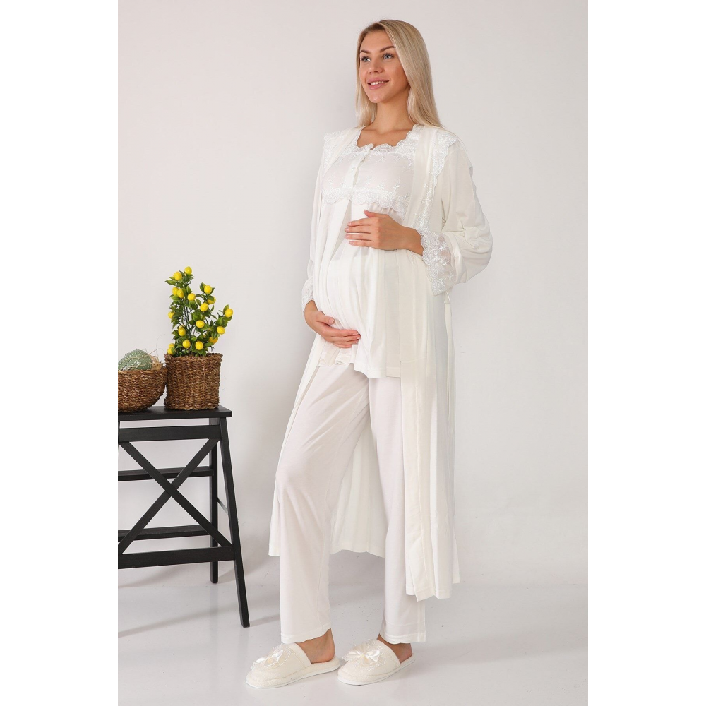 Kadın Ekru Uzun Sabahlıklı Lohusa Pijama Takımı2601