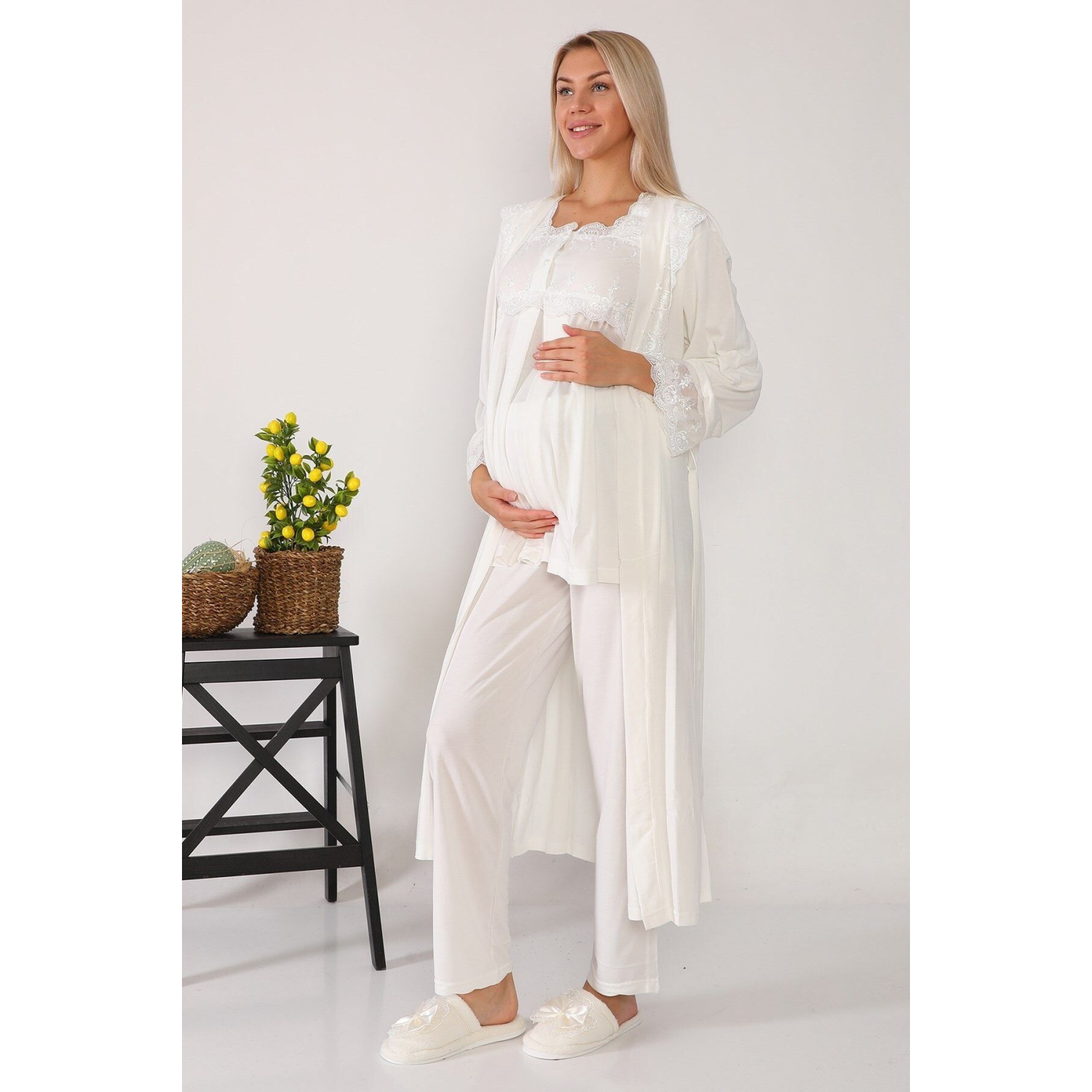 Kadın Ekru Uzun Sabahlıklı Lohusa Pijama Takımı2601