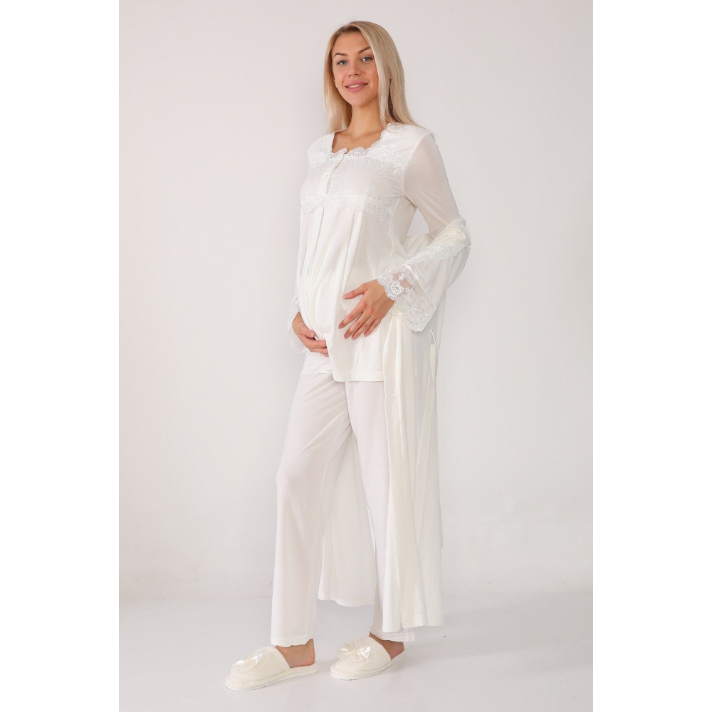 Kadın Ekru Uzun Sabahlıklı Lohusa Pijama Takımı2601