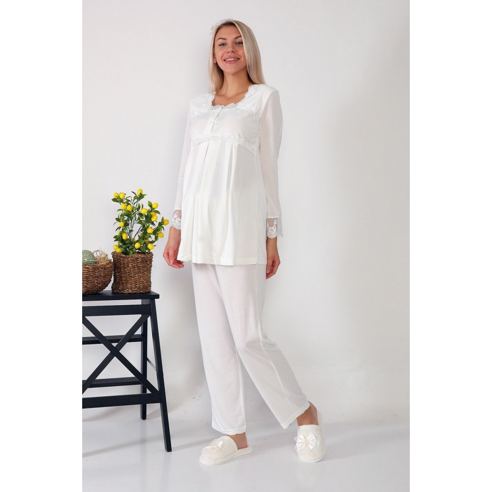 Kadın Ekru Uzun Sabahlıklı Lohusa Pijama Takımı2601