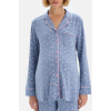 Mavi Gömlek Yaka Biyeli Üst Çiçek Desenli Pijama Takım