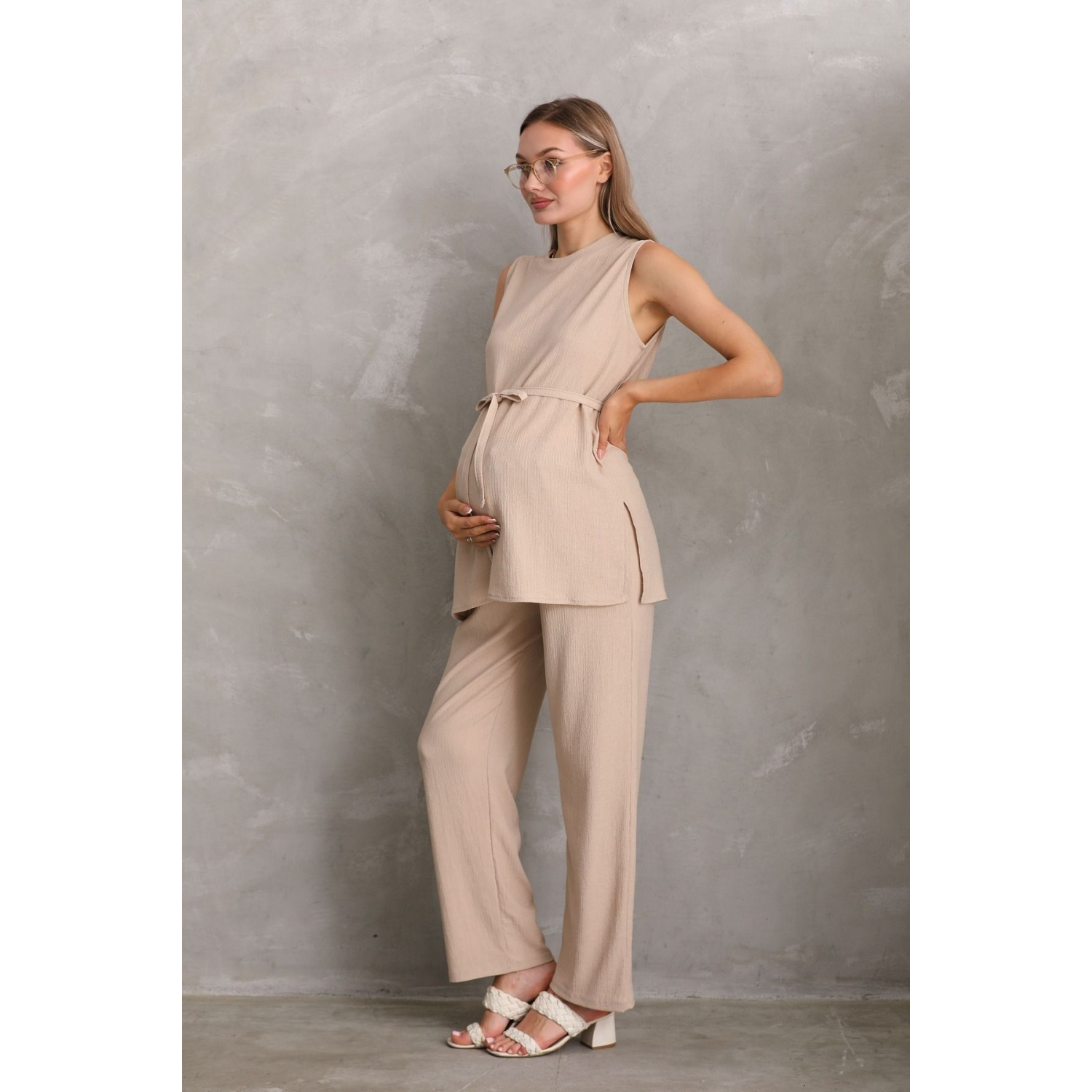 Önden Kuşak Detaylı Hamile ve Lohusa Kolsuz Alt - Üst Takım