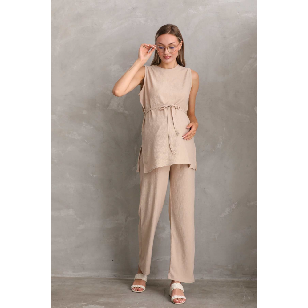 Önden Kuşak Detaylı Hamile ve Lohusa Kolsuz Alt - Üst Takım