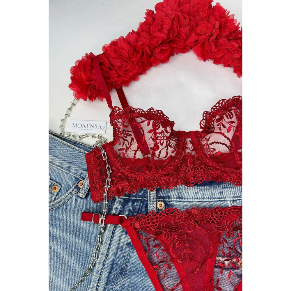 Çiçekli Balenli Sütyen Iç Çamaşır Takım Kırmızı