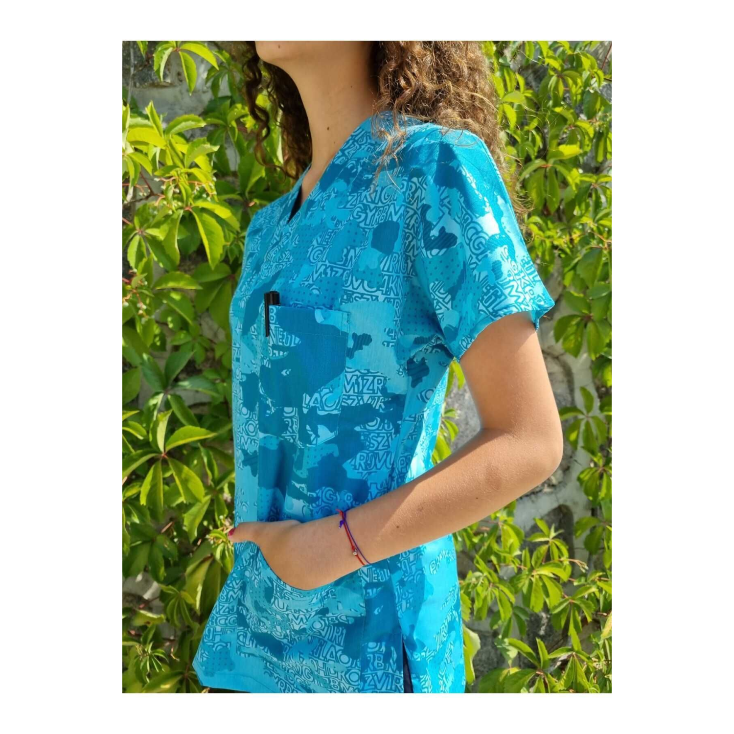 Kamuflaj Desenli Turkuaz Hemşire Forması-tek Üst