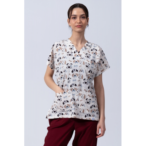 Pios Kadın Kemik Köpek Desenli Likralı Üniforma-scrubs