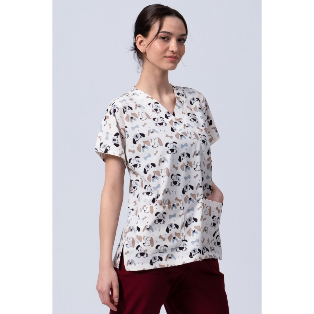 Pios Kadın Kemik Köpek Desenli Likralı Üniforma-scrubs