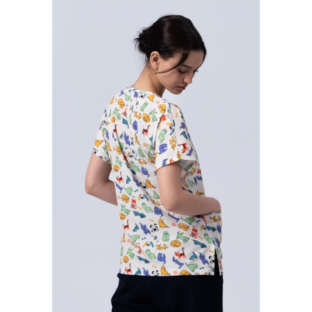Pios Kadın Renkli Kedi Köpek Desenli Likralı Üniforma-Scrubs-Tek Üst