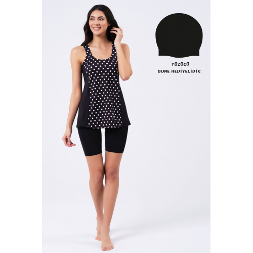 Kadın Likralı Puantiye Desenli Taytlı Tankini Mayo (GENİŞ BEDEN ARALIĞI)