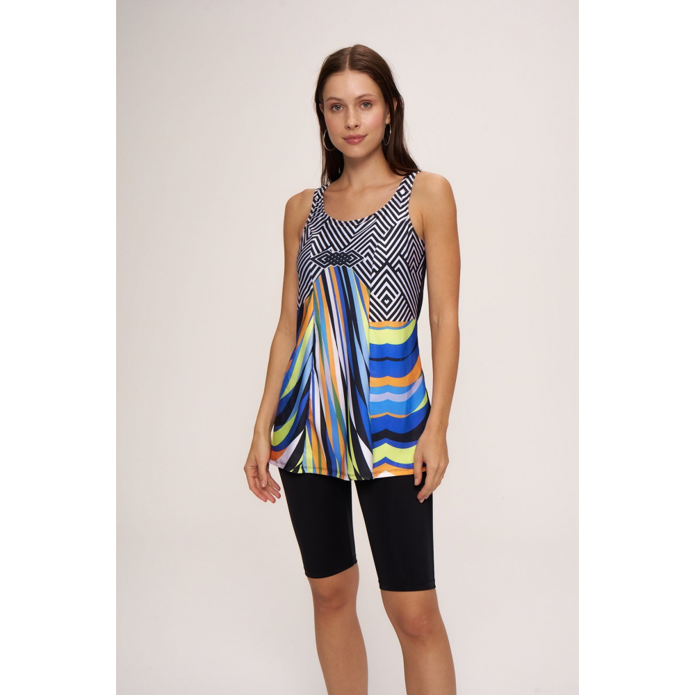 Kalın Askılı Kare Yaka Tankini Çubuk Desen