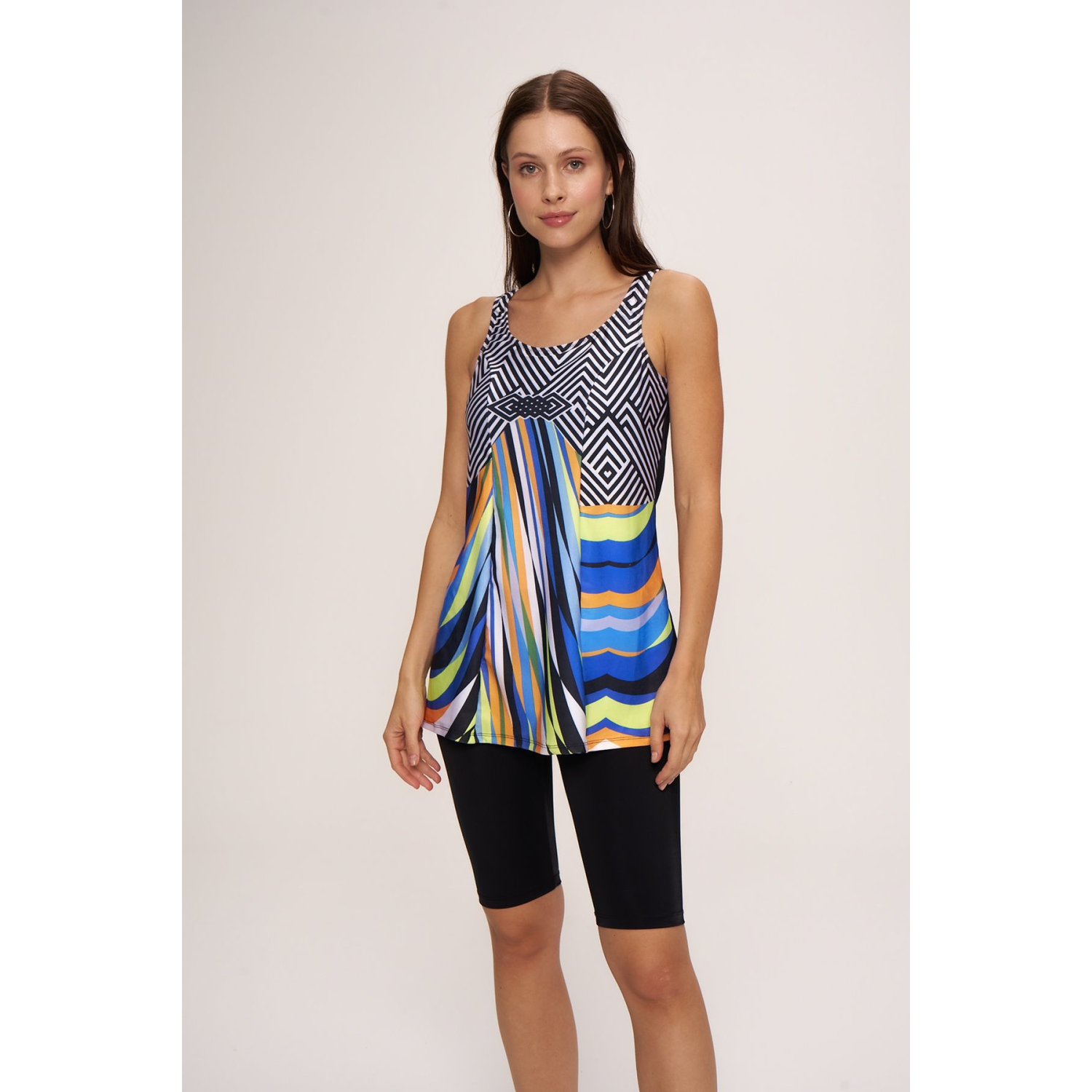 Kalın Askılı Kare Yaka Tankini Çubuk Desen