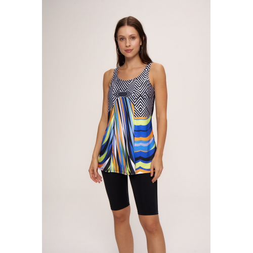 Kalın Askılı Kare Yaka Tankini Çubuk Desen