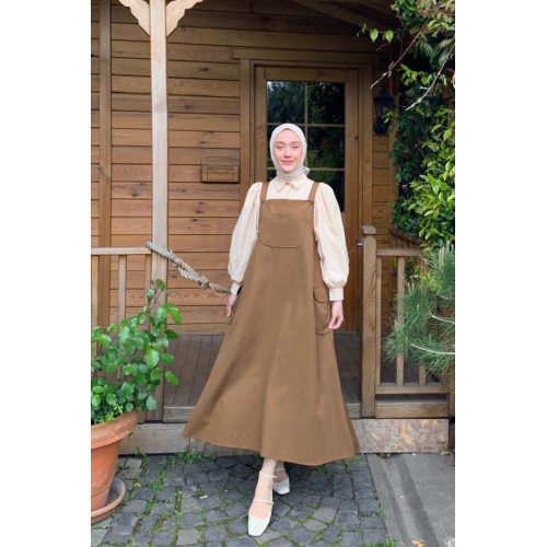 Acı Kahve Keten Etekli Salopet & Krem Klasik Yaka Crop Gömlek