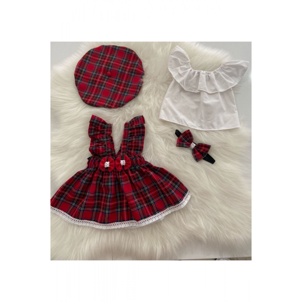 Ekose Salopet Banda Şapka Bluz Set