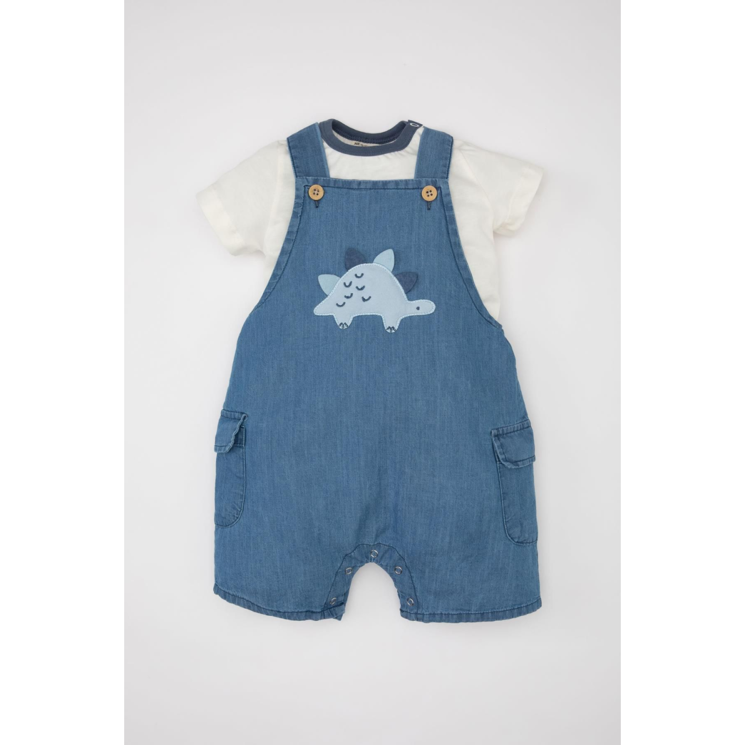 Erkek Bebek Dinazor Baskılı Poplin Kısa Kollu Tişört Salopet 2'li Takım C2805a524sm