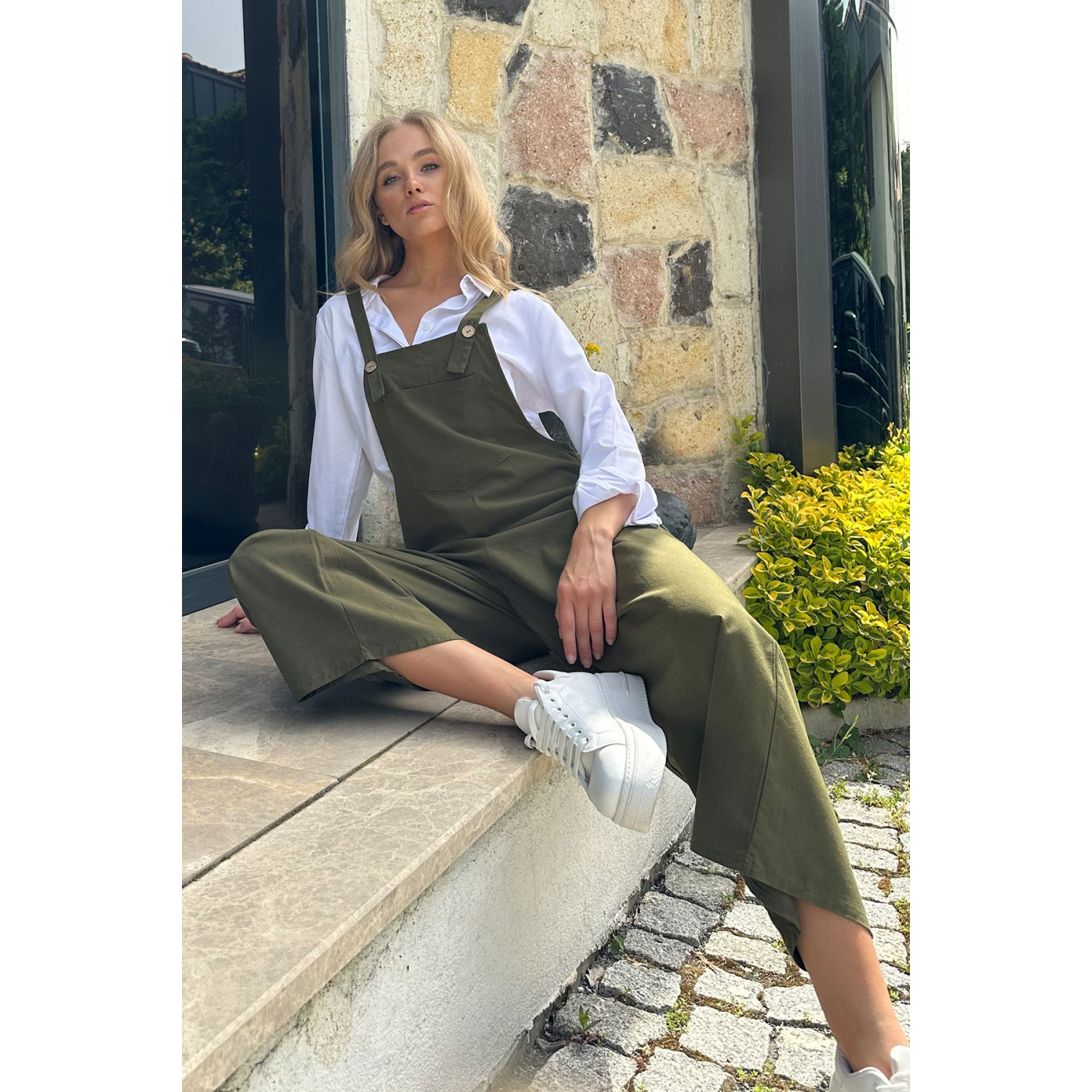 Kadın Haki Önü Cepli Askılı Gabardin Bahçıvan Tulum ALC-X12186