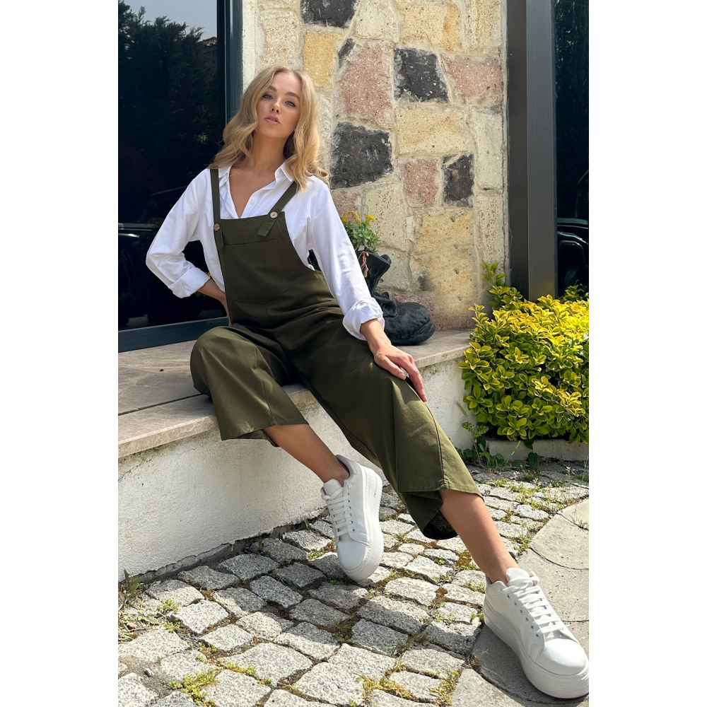 Kadın Haki Önü Cepli Askılı Gabardin Bahçıvan Tulum ALC-X12186