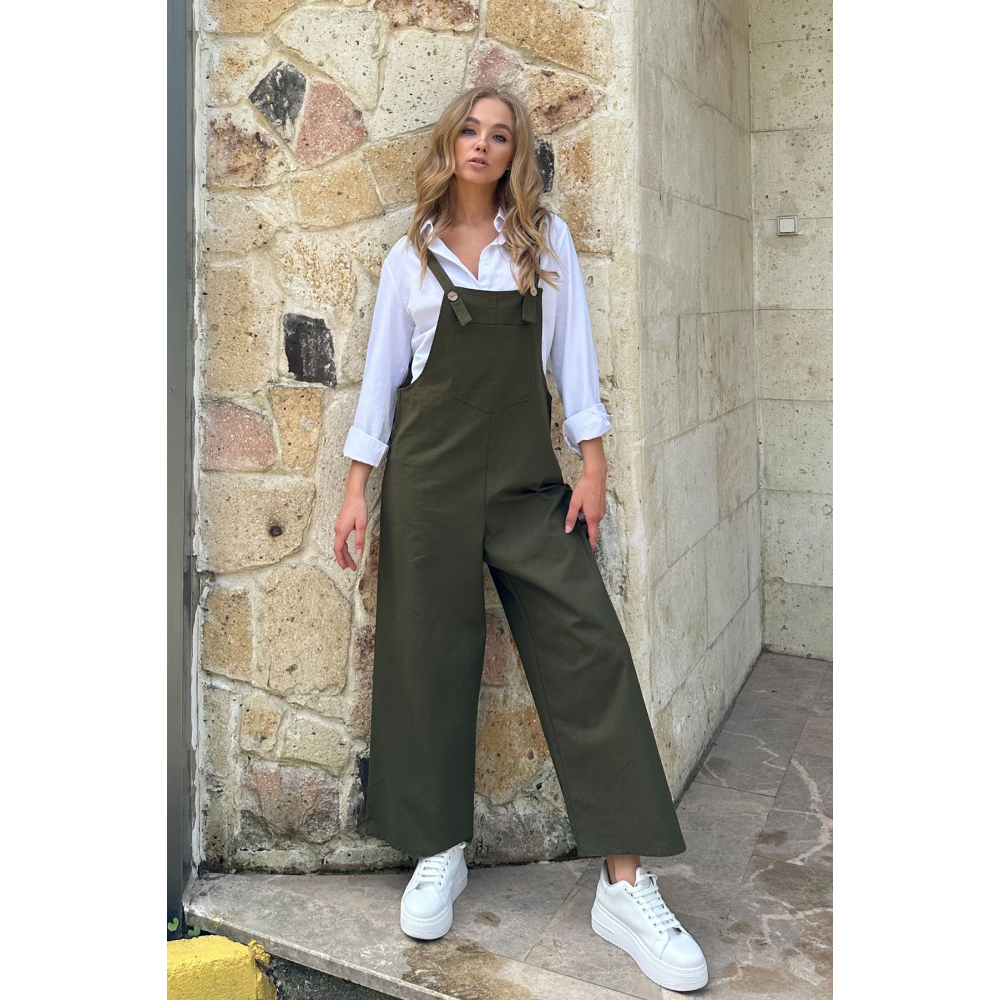 Kadın Haki Önü Cepli Askılı Gabardin Bahçıvan Tulum ALC-X12186