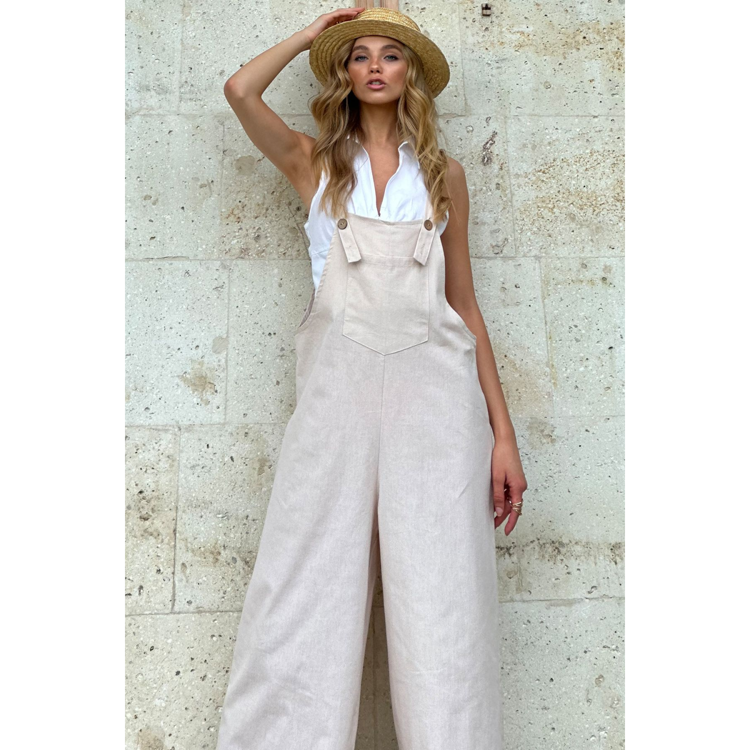 Kadın Krem Önü Cepli Askılı Gabardin Bahçıvan Tulum ALC-X12186