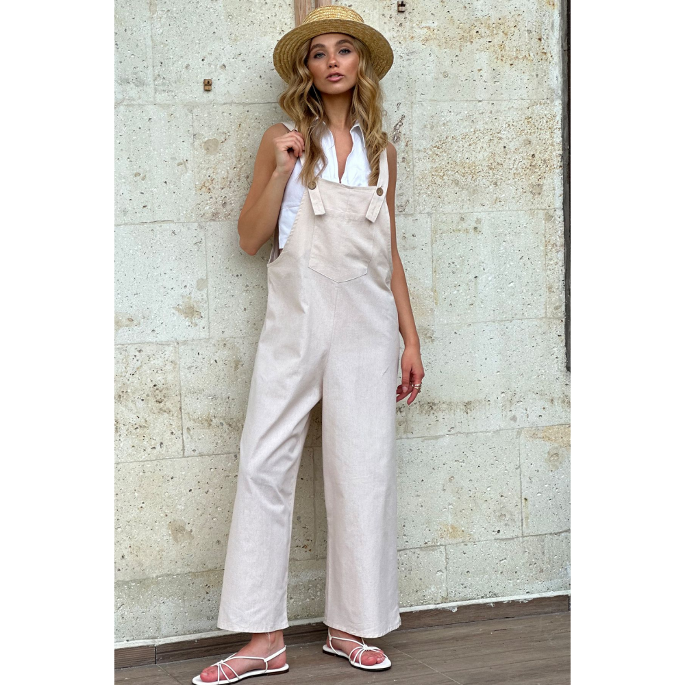 Kadın Krem Önü Cepli Askılı Gabardin Bahçıvan Tulum ALC-X12186