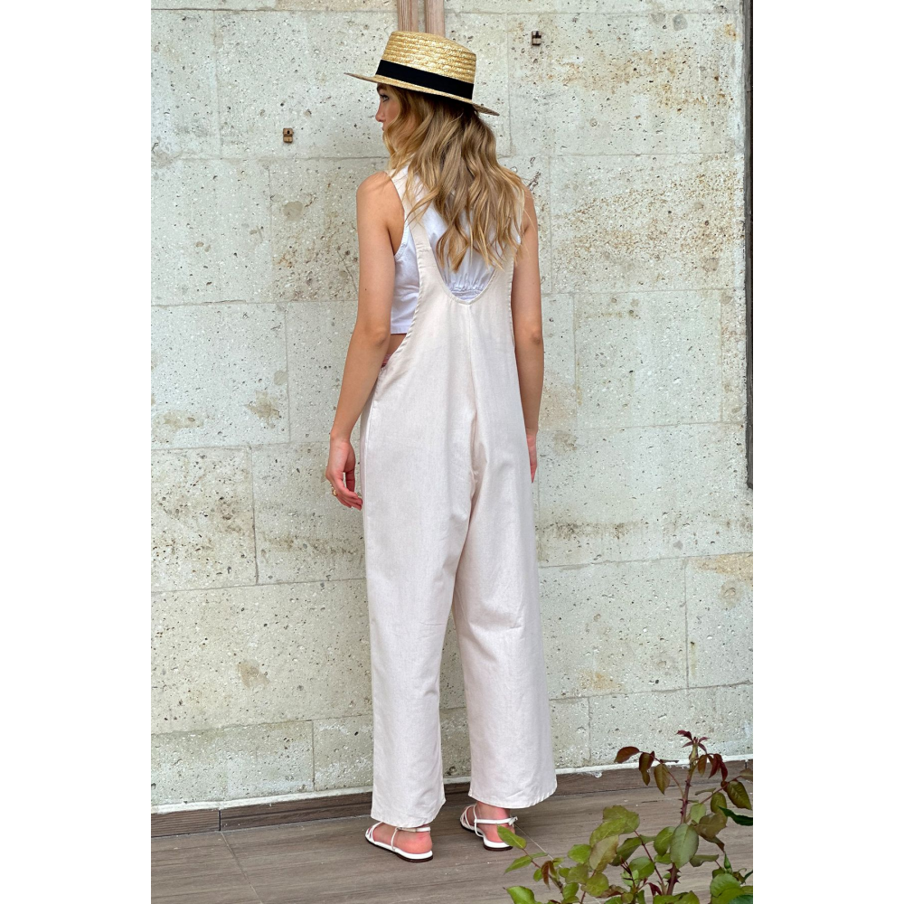 Kadın Krem Önü Cepli Askılı Gabardin Bahçıvan Tulum ALC-X12186