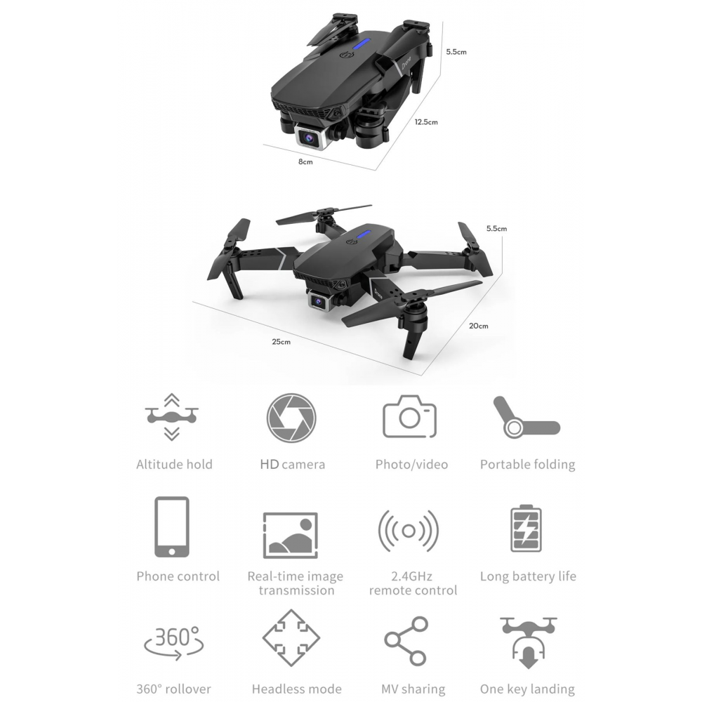 E88 Sirius Takla Atabilen Havada Sabit Kalabilen Katlanabilir Taşıma Çantalı HD Kameralı Drone