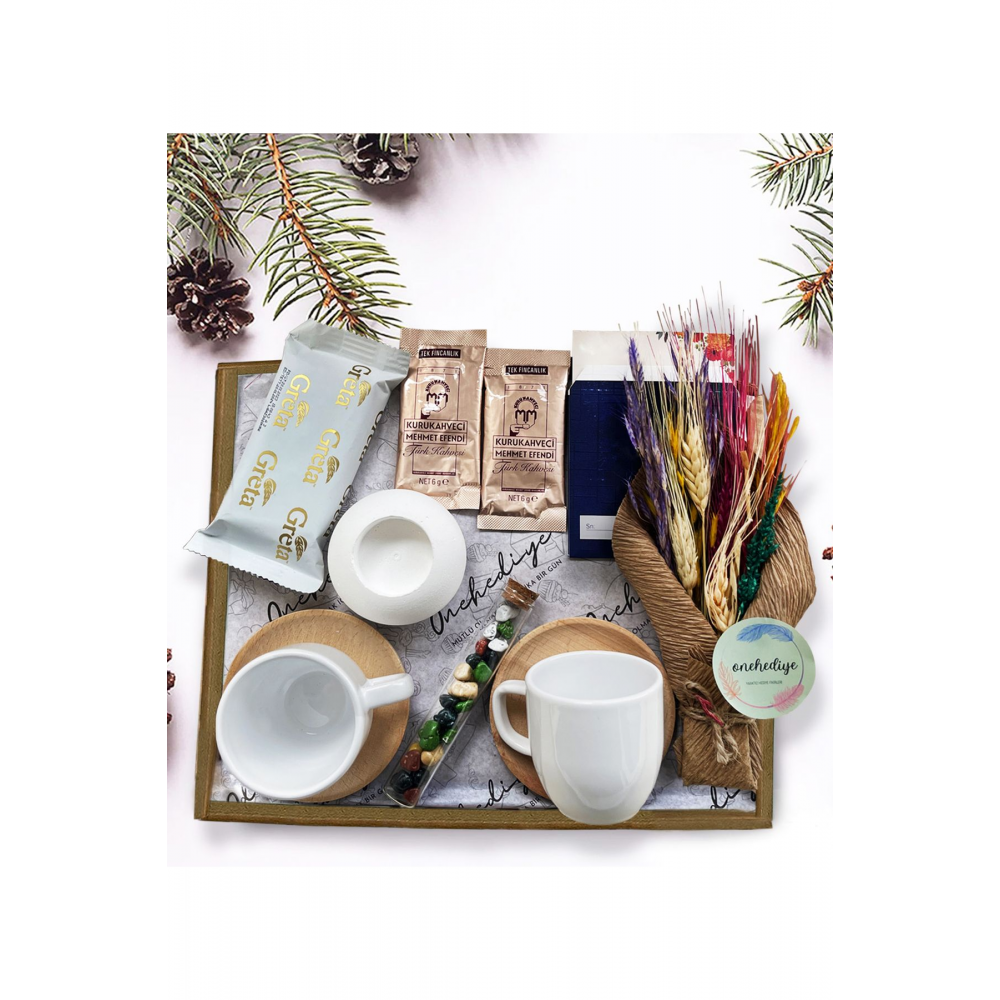 Kuru Çiçek Buketli 2 Li Porselen Fincan Çikolata Mumluk Kahve Hediye Kutusu