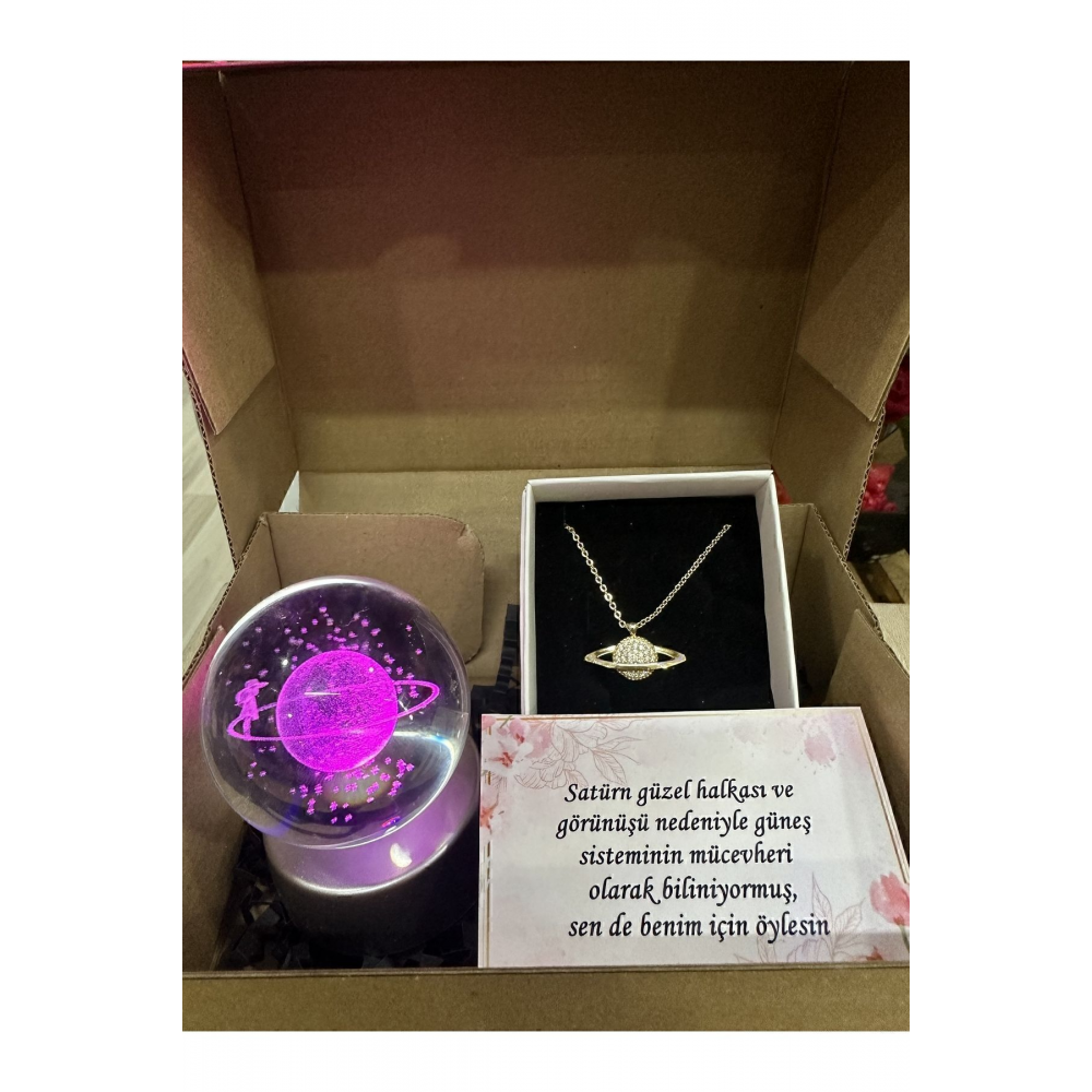Renk değiştiren led ışıklı cam satürn kız küre dolunay lamba kristal top ve zirkon satürn kolye