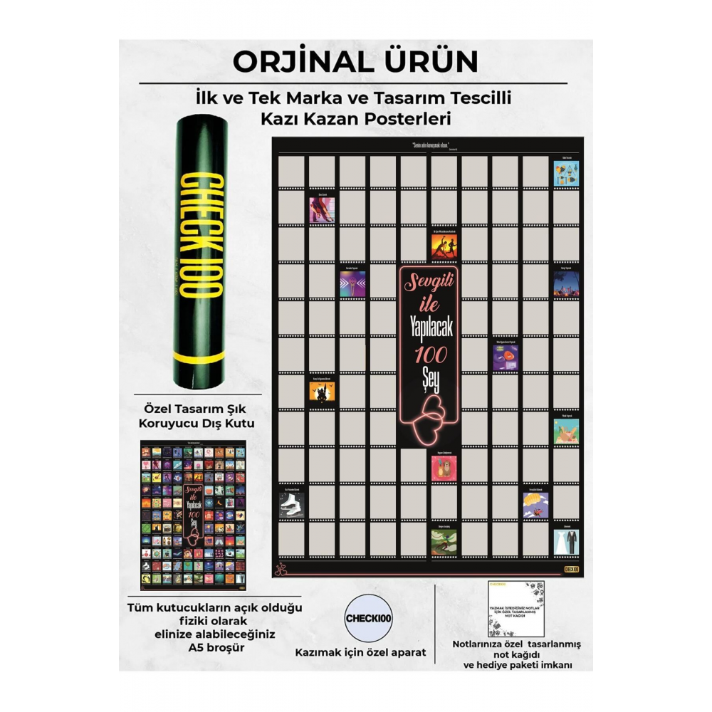 Sevgili Ile Yapılacak 100 Şey Kazıkazan Poster, Sevgiliye Hediye, Kazınabilir Poster, Hediyelik