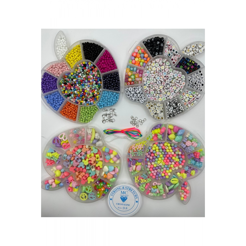 4'lü Elma Desenli Kutu Kum Boncuk Harf Boncuk Ve Figür Boncuk Takı Yapım 4 Lü Set