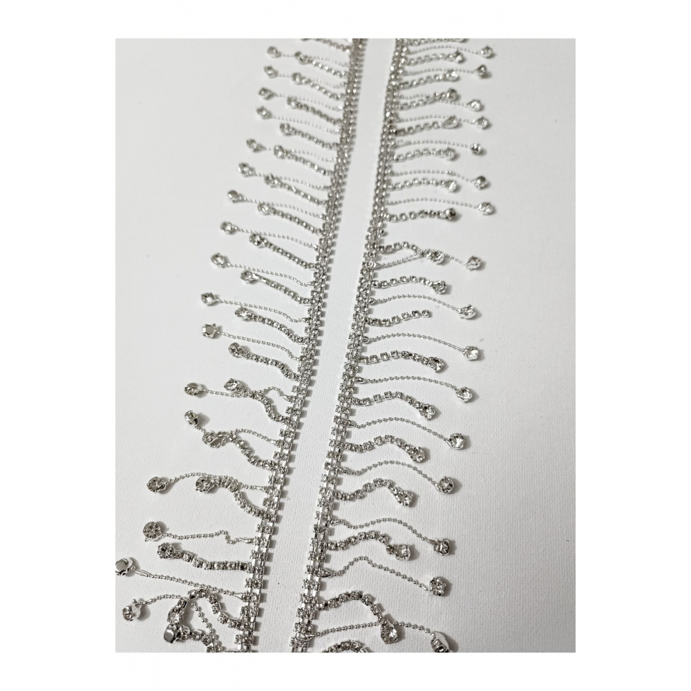 Özel Gümüş Renk Kristal Taşlı Zincirli Saçak Şerit