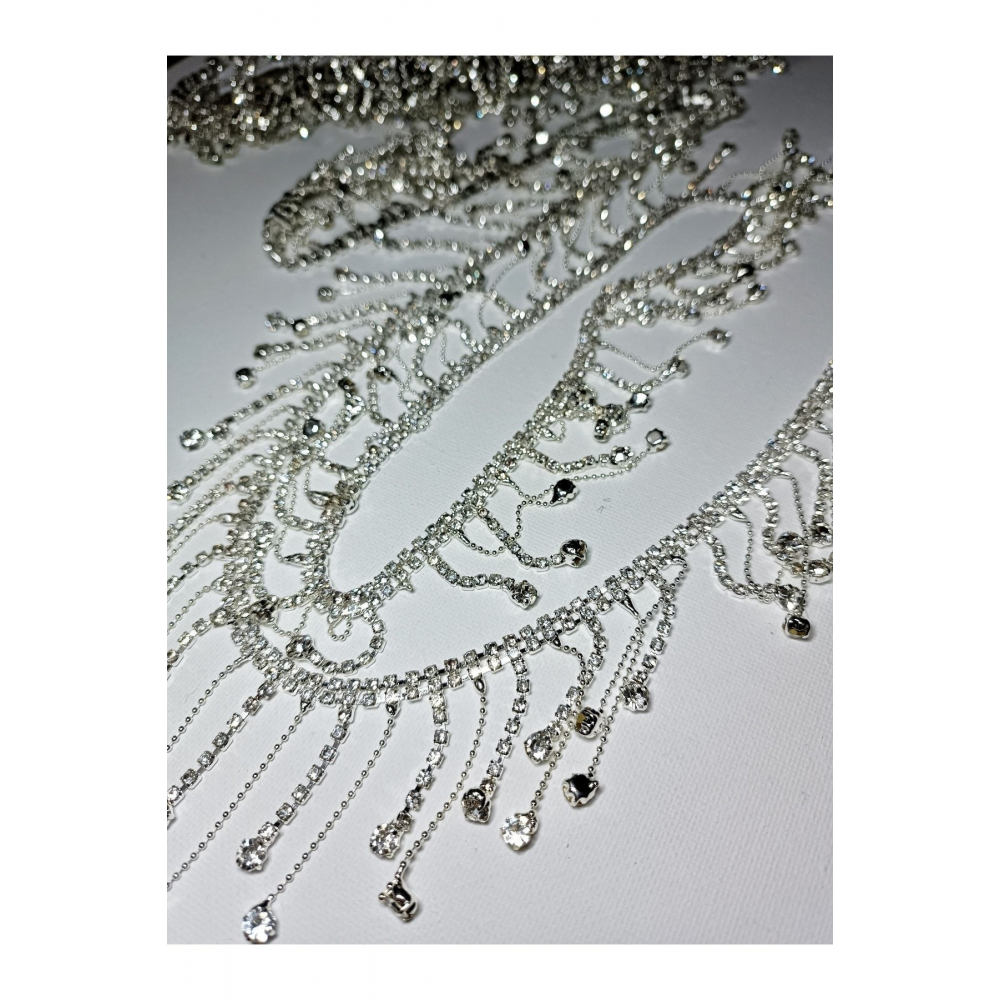 Özel Gümüş Renk Kristal Taşlı Zincirli Saçak Şerit