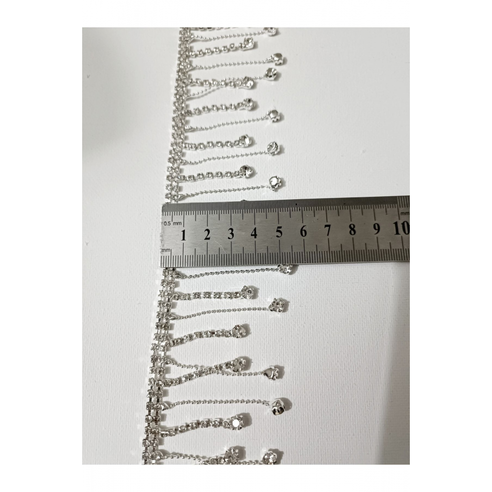 Özel Gümüş Renk Kristal Taşlı Zincirli Saçak Şerit