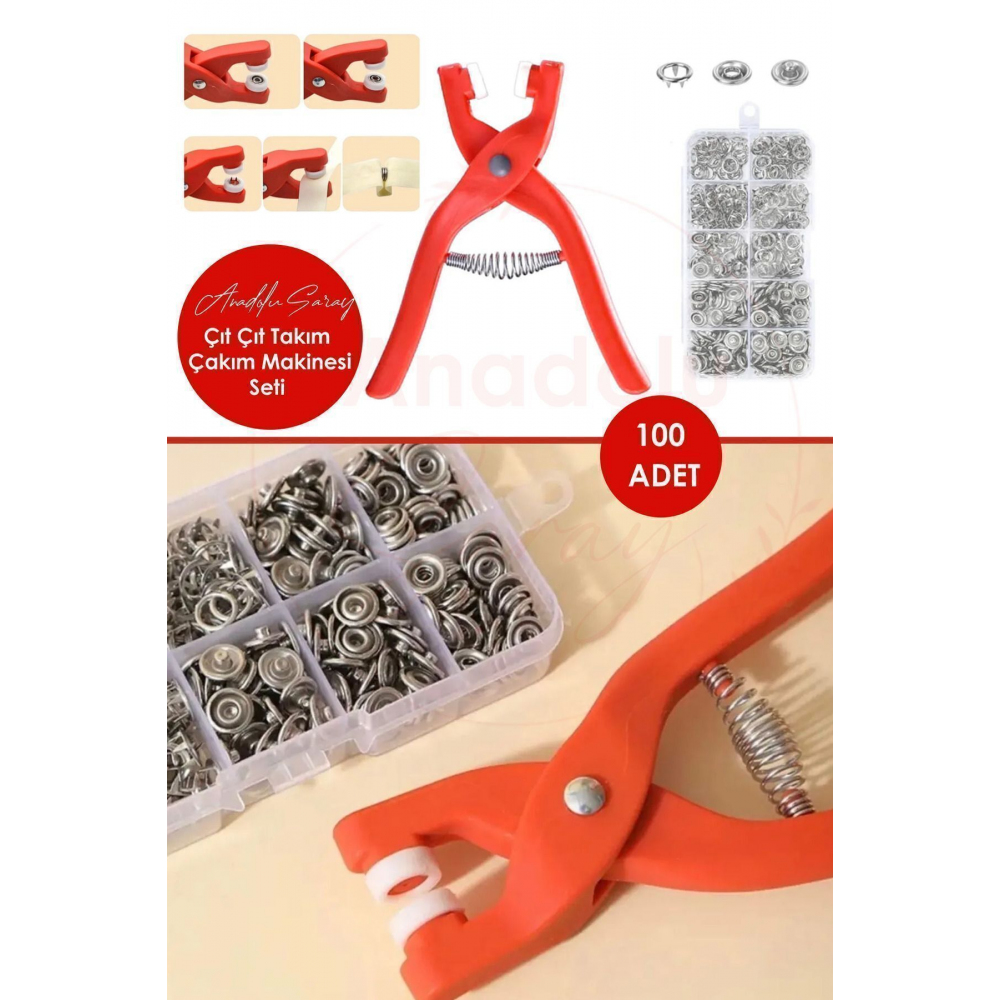 Pratik 100'lü Çıt Çıt Takma Çakım Makinesi Takım Seti 9.5 Mm Çıt Çıt Takma Seti