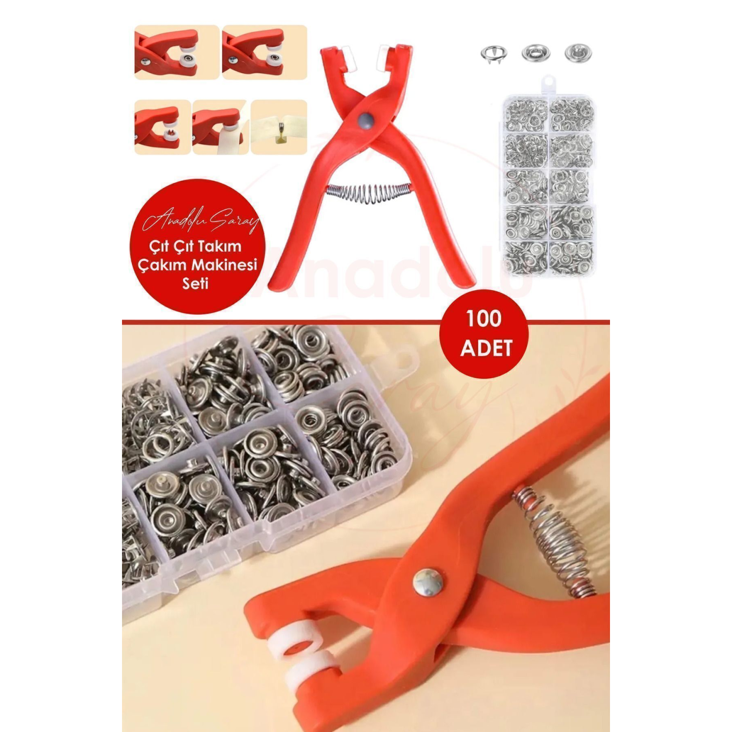 Pratik 100'lü Çıt Çıt Takma Çakım Makinesi Takım Seti 9.5 Mm Çıt Çıt Takma Seti