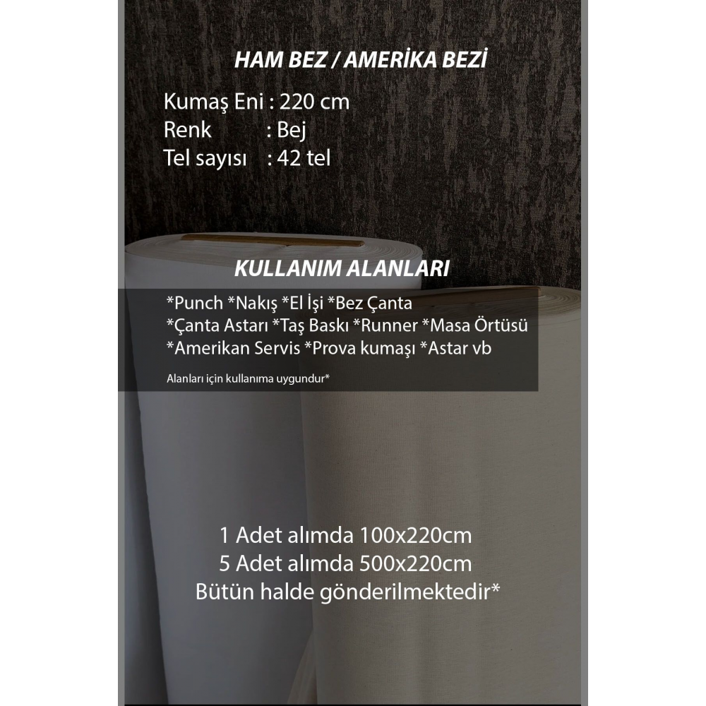 Amerikan Bezi Kumaş - Ham Bez Kumaş - Punch Kumaş - Kırlent-Masa Örtüsü - Runner-Astar-Döşemelik Bej