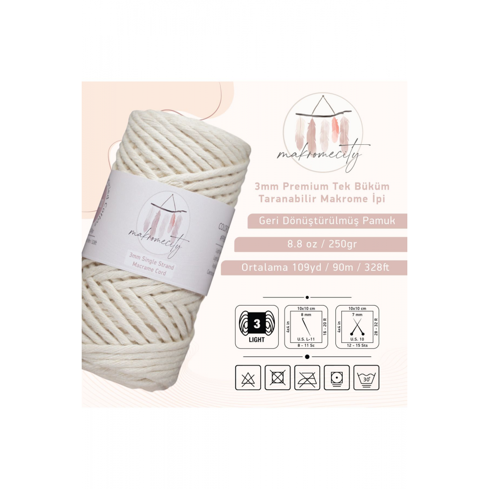 Taranan Makrome Ipi 3mm Taranabilir Pamuk Makrome Ipi Makrame Ipi Ekru