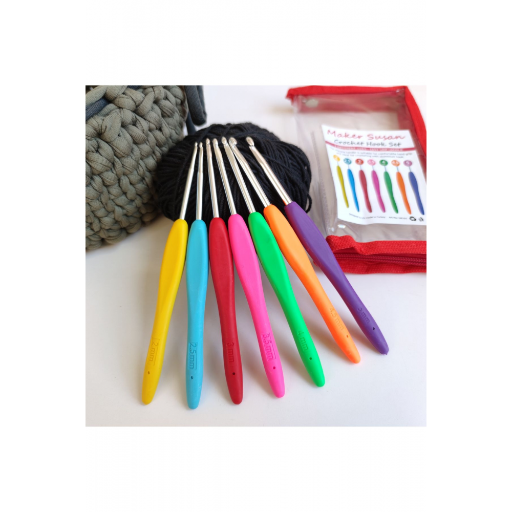 Örgü Yünü Tığ Seti, 2-2,5-3-3,5-4-4,5-5 Mm Silikon Saplı 7 Adet Tığ Ve Çantası, Amigurumi Tığ