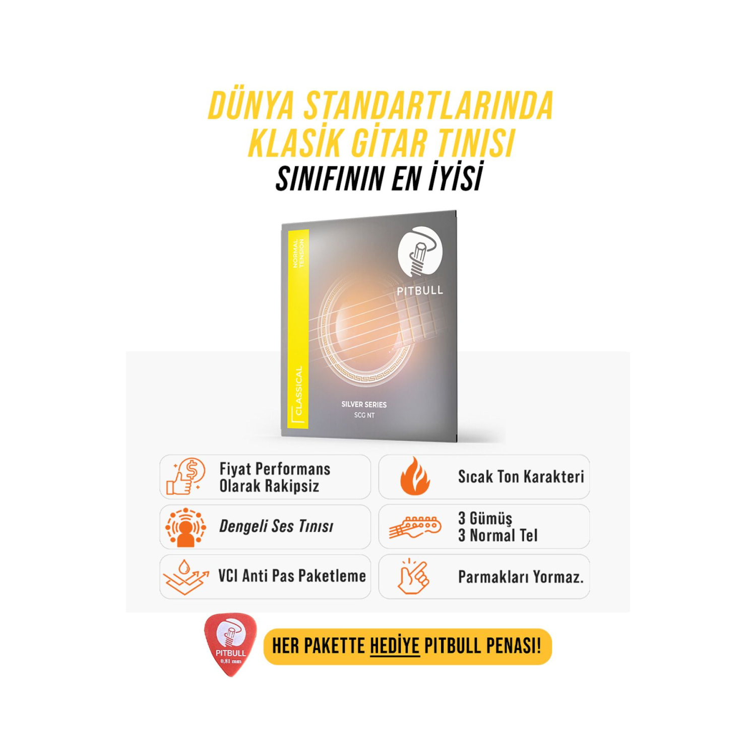 Pitbull Strings Silver Seri Klasik Gitar Takım Teli SCG NT Normal Tansiyon (Pena Hediyeli)