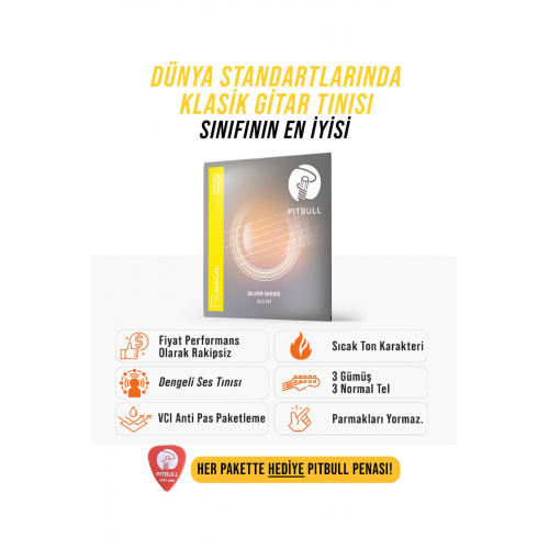 Pitbull Strings Silver Seri Klasik Gitar Takım Teli SCG NT Normal Tansiyon (Pena Hediyeli)