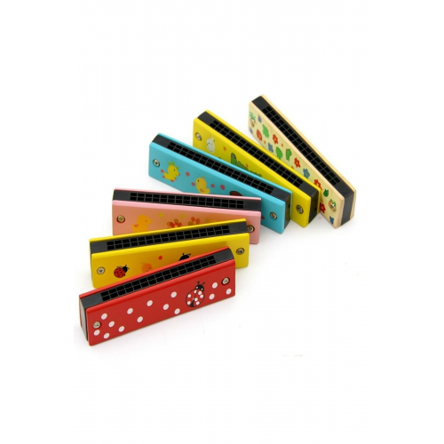 Ahşap Mızıka 16 Delikli Çift Sıralı Renkli Desenli Çocuk Mızıka