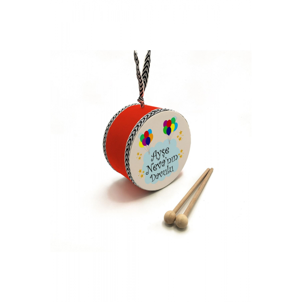Balonlu, Isimli, Gerçek Deri, Oyuncak Çocuk Davulu (1-5 YAŞ)(KIRMIZI)