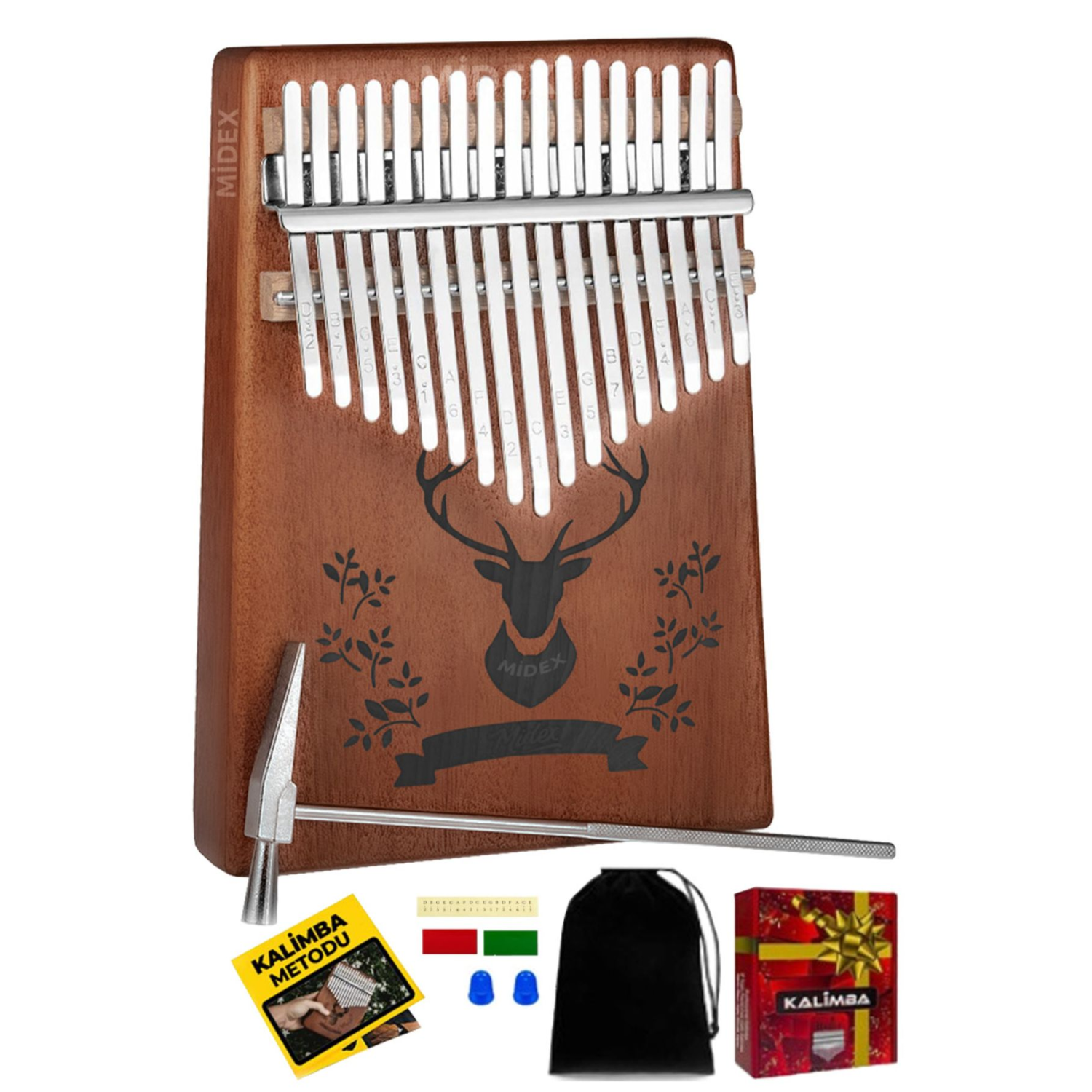 Klx-456 Hakiki Maun Ağacı Kalimba 17 Çelik Tuşlu (TÜRKÇE METOD ÇANTA ÇEKİÇ)