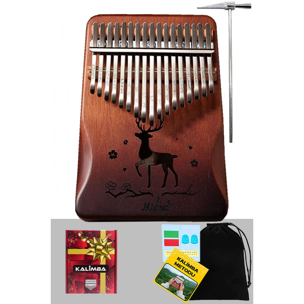 Klx-520 Hakiki Ağaç Kalimba Ahşap Geyik Desenli 17 Paslanmaz Tuşlu (FULL SET)