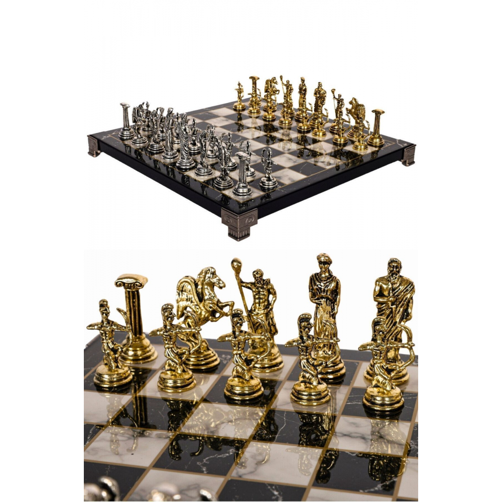 Metal Satranç Takımı | 25cm Mermer Desenli Satranç Tahtası | Mitolojik Tanrı Figürlü Roma Okçu