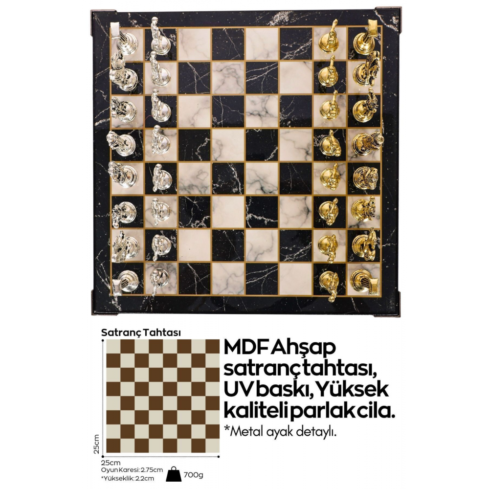 Metal Satranç Takımı | 25cm Mermer Desenli Satranç Tahtası | Mitolojik Tanrı Figürlü Roma Okçu