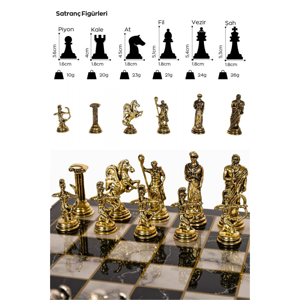 Metal Satranç Takımı | 25cm Mermer Desenli Satranç Tahtası | Mitolojik Tanrı Figürlü Roma Okçu